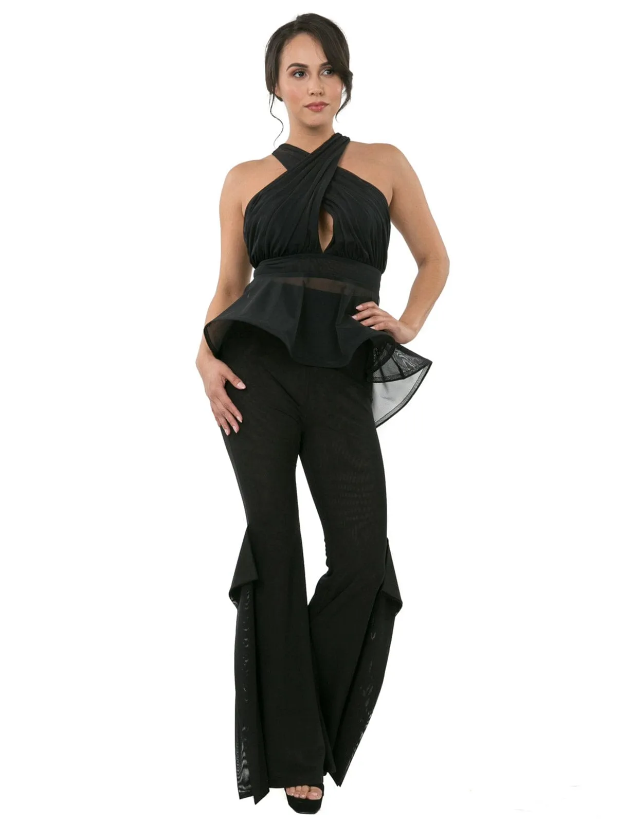 WOMEN'S ZIP UP WIDE LEG RUFFLE DETAILED PANTS