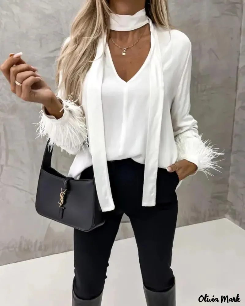 Xieyinshe - Feather Trim Long Sleeve Top