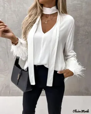 Xieyinshe - Feather Trim Long Sleeve Top