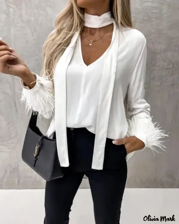Xieyinshe - Feather Trim Long Sleeve Top