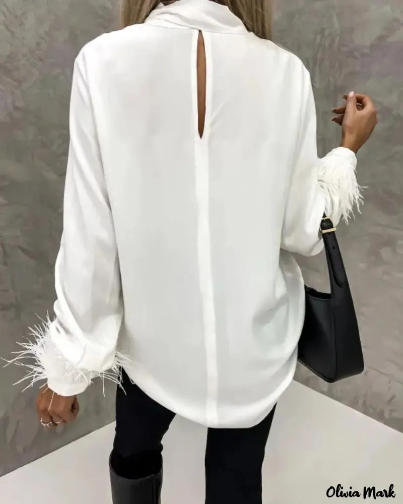 Xieyinshe - Feather Trim Long Sleeve Top