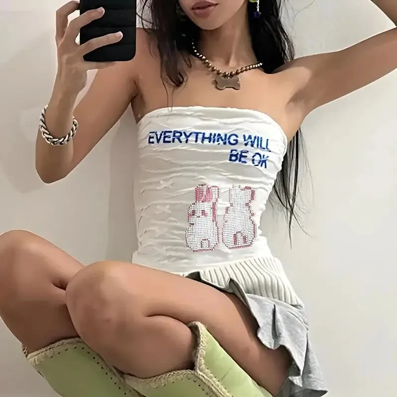 Y2K-Inspired Ruched Strapless Top with Rabbit Design