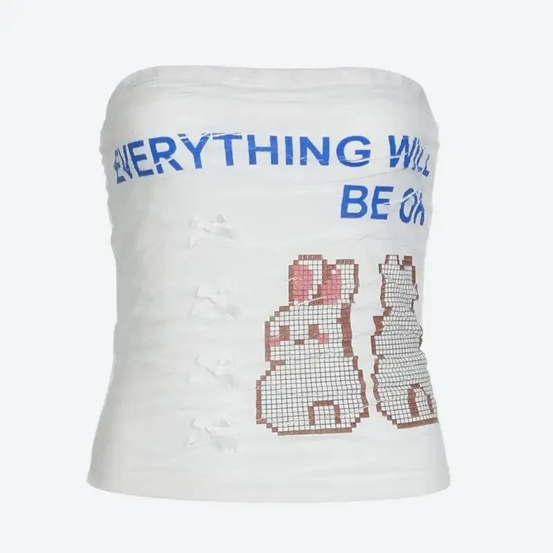 Y2K-Inspired Ruched Strapless Top with Rabbit Design